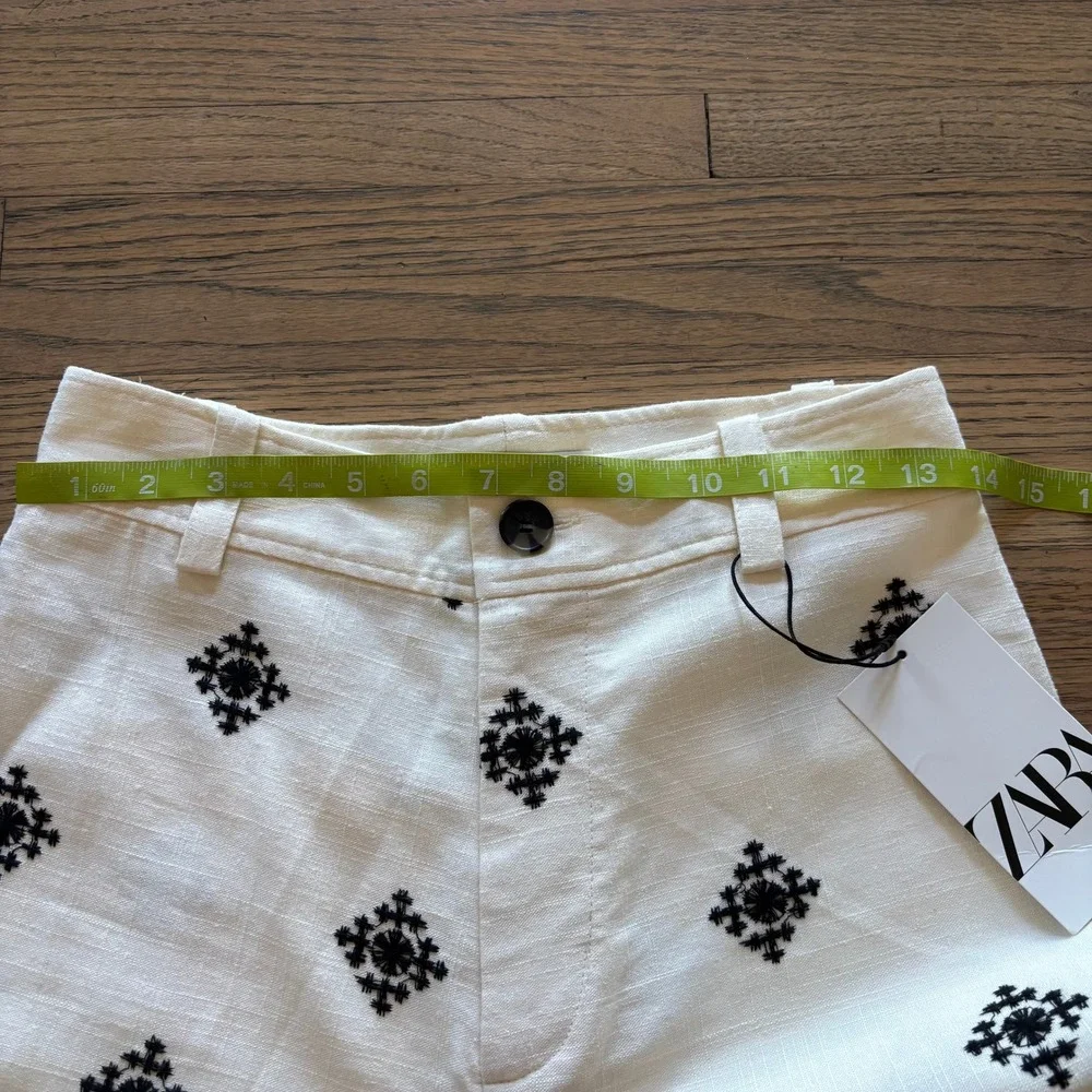 Zara Embroidered Linen Blend Wide Leg Pants White Black XS NEW